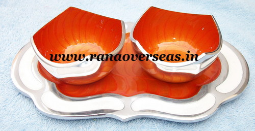 Metal Dry Fruit Two Serving Bowls with Tray