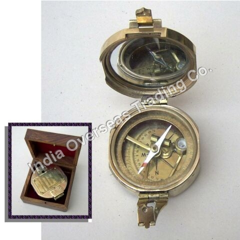 NAUTICAL BRASS BRUNTON COMPASS WITH WOODEN BOX 3"