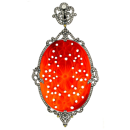 Designer Carving Diamond Pendant - 18k Gold, 3.7 Ct Diamonds, 71.40 Ct Gemstones, 30.56 Gms Gross Weight, Intricate Carving