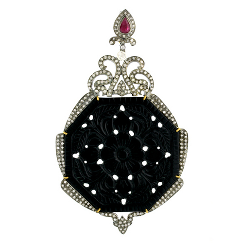 Carving Gemstone Pendant - 18k Gold, Silver, Gemstone 76.90 cts, Diamond 2.39 cts | Elegant Design, Smooth Finish, Lightweight