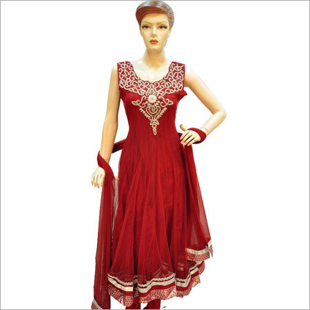Designer Anarkali Suit - Cotton Chiffon, Floor-Length, Red | Embroidery, Mesmerizing Patterns, Sleeveless, Customizable Size