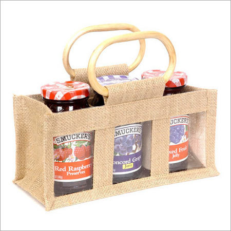 Three Bottle Packaging Jute Bags - Jute PVC, 10x10x15 cm, Beige, Bamboo Handles | Durable, Stylish, Reusable