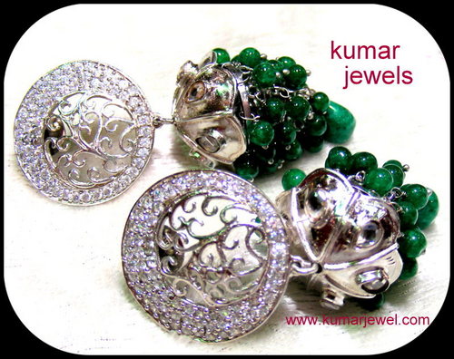 Silver Earrings - Sterling Silver 20x20 mm, Two-Tone Silver, Bottle Green Beads, CZ Stones, Elegant Design