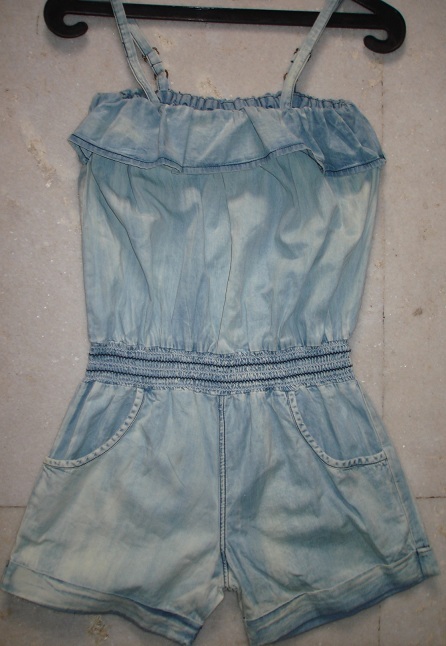 LADIES DENIM COTTON ROMPER WITH SMOCKING AND WASH