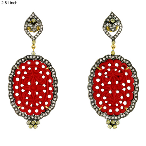 Diamond Dangle Carving Earrings - 18k Gold, Silver, Red Gemstones, 2.76cts Diamonds, 41cts Gemstones | Elegant Design, Formal Wear