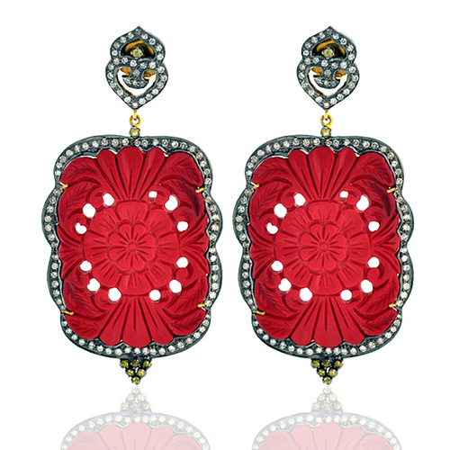 18k Gold Gemstone Earrings - 18k Gold, Silver, Red Gemstone 84.06 cts, Diamond 2.34 cts, Elegant Design