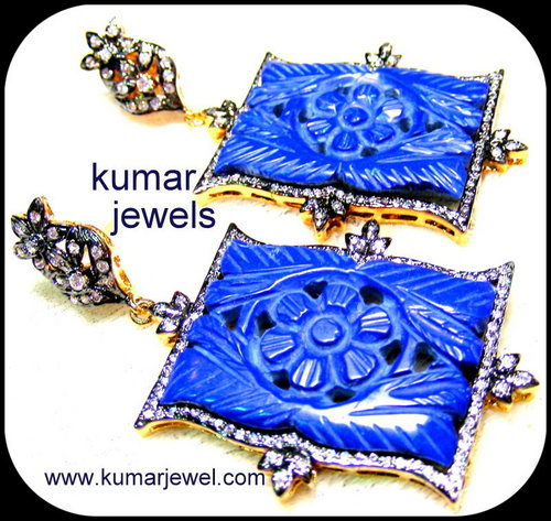 Carving Stone Earrings - 20x15mm, Royal Blue, Oxidized Border | Embossed Design, CZ Stones, Dangle Style