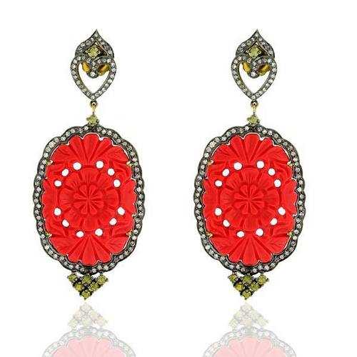 Gemstone Diamond Earrings - 18k Gold, Silver, 3.04 cts Diamonds, 50.16 cts Carving Gemstones | Elegant Design, Handcrafted Detail