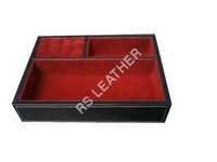Leatherette Jewelry Tray - Leatherette, 10x7x2 Inch, Black With White Stitch | Three Compartments, Elegant Design, Organized Storage