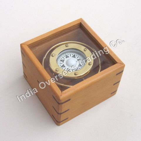NAUTICAL GIMBLE COMPASS WITH WOOD BOX AND GLASS