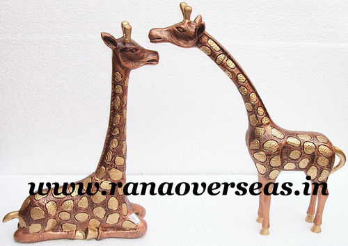 Brown Aluminium Metal Pair Of Giraffe In Sitting And Standing In Embossed Work In 17 And 18 Inch