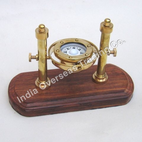 SOLID BRASS GIMBALL COMPASS WITH WOODEN BASE 