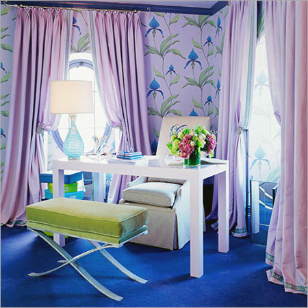 Home Office With Wallpapers And Pink Curtains