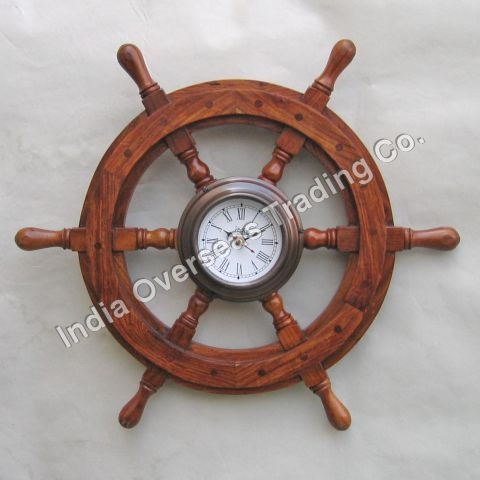 Ship Wheel Train Clock - Wood, 18 Inches, Brown | Nautical Design, Quartz Movement, Wall Mountable, Elegant Decor