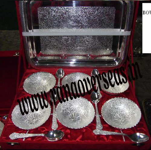 Metal Silver Plated Six Serving Bowls With 6 Spoons And With Tray In Gift Box
