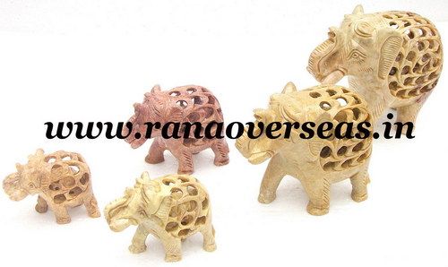 Yellow Stone Hand Carved Elephant Set Of 5 Pcs , Baby Inside Stomach