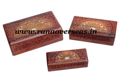 Wooden Carved Boxes in Brass Inlay