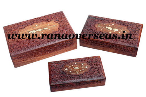 Wooden Carved Boxes in Brass Inlay