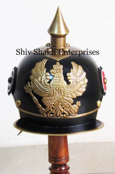 Black Pickelhaube Helmet With Stand - Steel & Brass, Black, Wooden Stand | Decorative Display, Intricate Design, Authentic Style