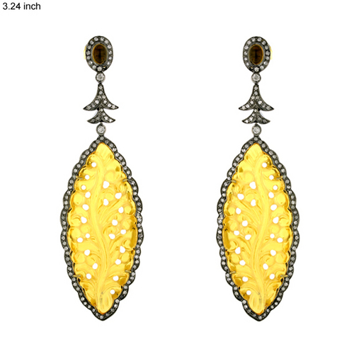 Designer Carving Gold Earrings - 18k Gold, Silver, Diamond 1.76 cts, Gemstone 1.10 cts, Elegant Intricate Carving