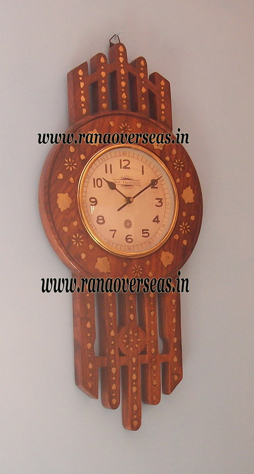 Brown Wooden Brass Inlay Wall Hanging Clock In Unique Design