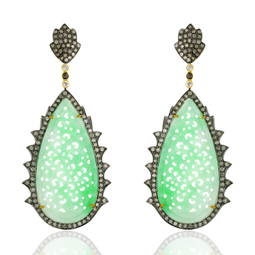 Carved Aquamarine Gold Diamond Earrings - 18k Gold & Silver, 71x30 mm, 33.9 Ct Aquamarine, 3.02 Ct Diamonds, Elegant Design
