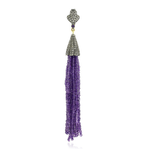 18k Gold Gemstone Tassel Pendant - 11.1g Gross, 1.01ct Diamonds, 28.71ct Amethyst | Elegant Design, Silver Accents