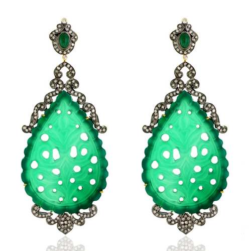 Designer Diamond Carved Gemstone Earrings - 18k Gold & Silver, 87x35 mm | Diamond 1.97 ct, Gemstones 77.53 ct