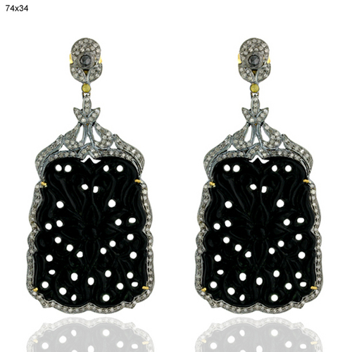 Designer Pave Diamond Earrings - 18k Gold & Silver, 74x35 mm | 2.68 Ct Diamonds, 52.01 Ct Gemstones, Elegant Design