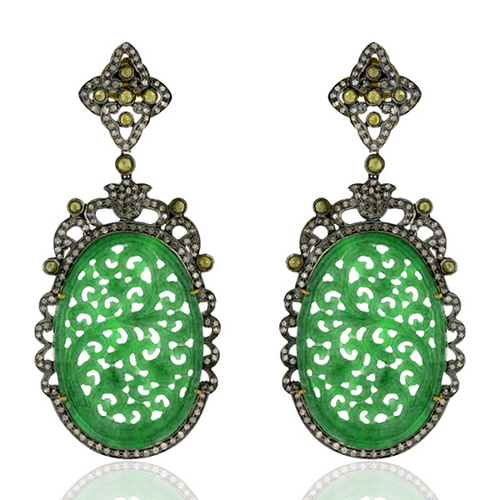 Gemstone Pave Diamond Dangle Earrings - 18k Gold & Silver, 80x36 mm | 4.52 Ct Diamonds, Jade Accents, Elegant Dangle Design