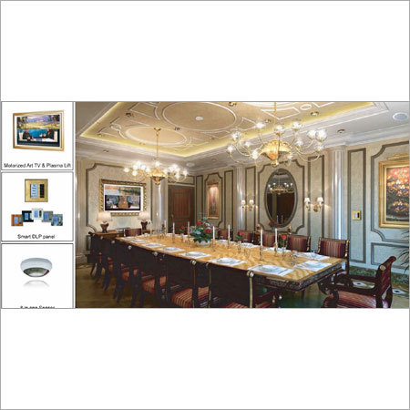Smart Dining Rooms - Wood & Metal, Customizable Size | Motorized TV Lift, Ambiance Music, Curtain Control, Occupancy Sensors, Universal Remote, Air Revitalization, LED Mood Lights, Smart HVAC, Mirror TV, Touch Screen, Emergency Light