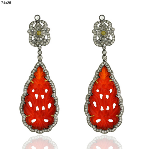Gold Pave Diamond Earrings - 18k Gold & Silver, 74x25 mm, Red | 2.92 Ct Diamonds, 26.76 Ct Gemstones, Elegant Design