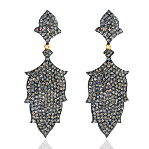 Pave Diamond Gold Dangle Earrings - 14k Gold & Silver, 5.22 Ct Diamonds, Elegant Pave Dangle Design