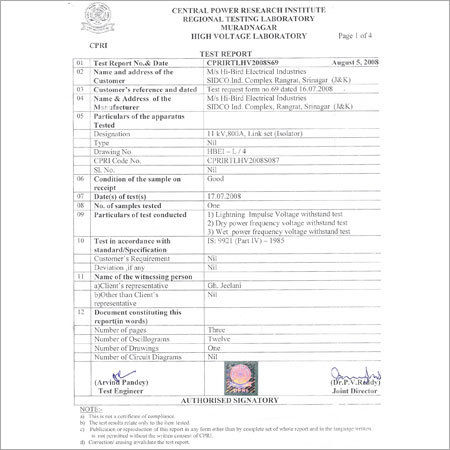 Test Certificate For 11kv link Set (Isolator) HBEI