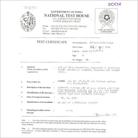 Test Certificate For Hardware Fittings