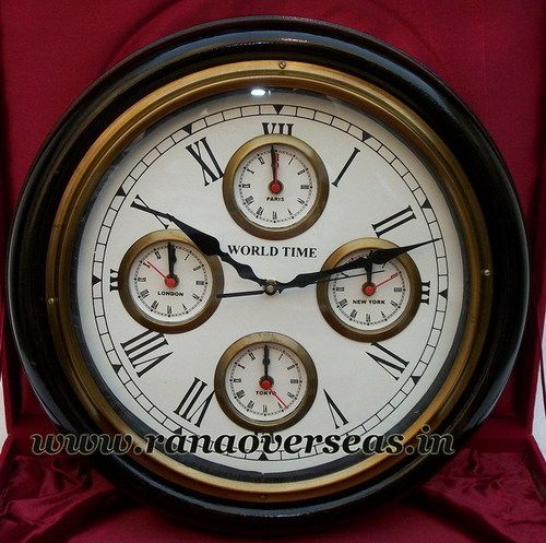 Black World Time Wall Hanging Wooden Clock In 16 Inches 5 Times.