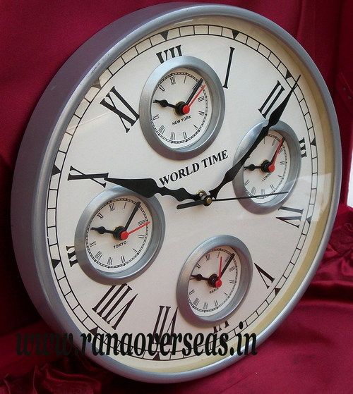 Silver World Time Wall Hanging Iron Metal Clock In 12 Inches 5 Times.