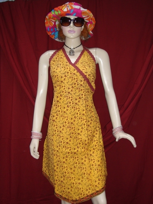 Ladies Trendy Wear - Cotton, 34 Inches, Yellow, Halter Neck Wrap Dress | Stylish Design, Soft Fabric, Easy Wash, Alluring Finish