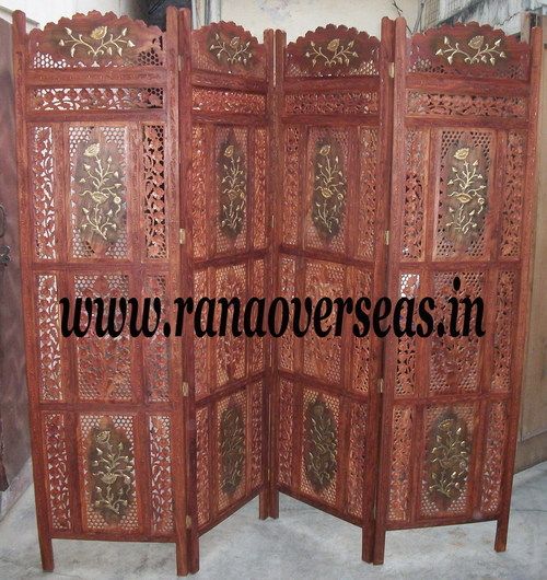 Wooden Carved Room Divider Partition Screen in Brass Inlay.