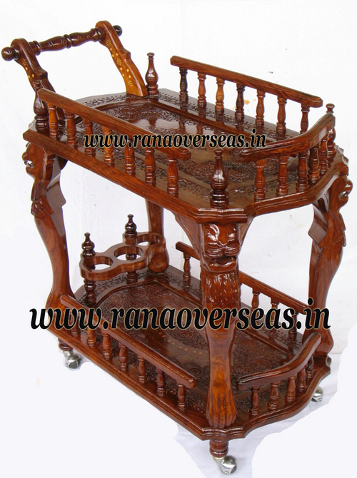 Brown Wooden Hand Carved Serving Trolley