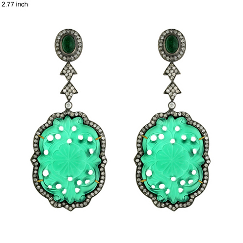 Carved Color Stone Diamond Earrings - 18k Gold Silver, 71x29 mm | 2.58 Ct Diamonds, 44.1 Ct Gemstones, Elegant Design