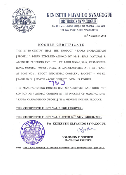 KOSHER CERTIFICATE