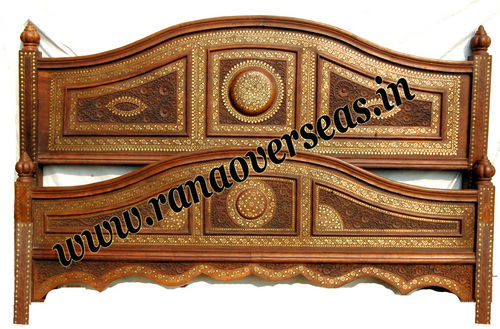 Wooden hand Carved Brass Inlay Double Bed 