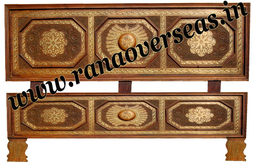 Wooden hand Carved Brass Inlay Double Bed
