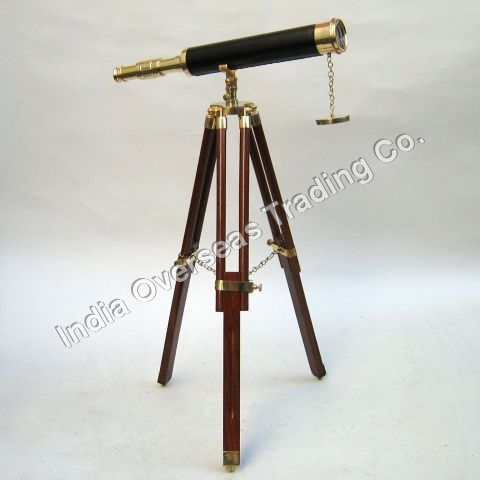 BRASS TELESCOPE WOODEN STAND 13" - Brass, Wood, 13 Inches | Adjustable Height, Tripod Stand, Vintage Style