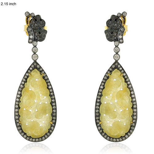 Pave Diamond Gold Dangle Earrings - 18k Gold & Silver, 55x18 mm, 1.73 Ct Diamonds, 11.1 Ct Gemstones, 11.16 gms Total Weight, Elegant Dangle Design