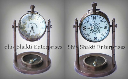 Brown Antique Nautical Standing Clock With Compass