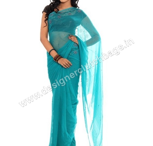 Designer Crystallized Peacock Green Saree