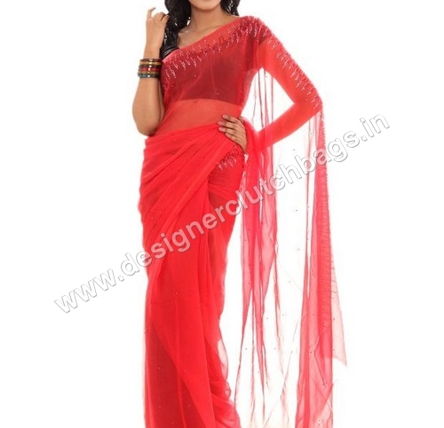 Designer Red Crystallized Saree
