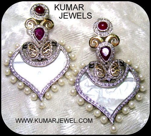 Shell Earring - Shell Base, Gold Plated, Magenta Stone, White Pearl Border | Heart Shape, Elegant Party Wear